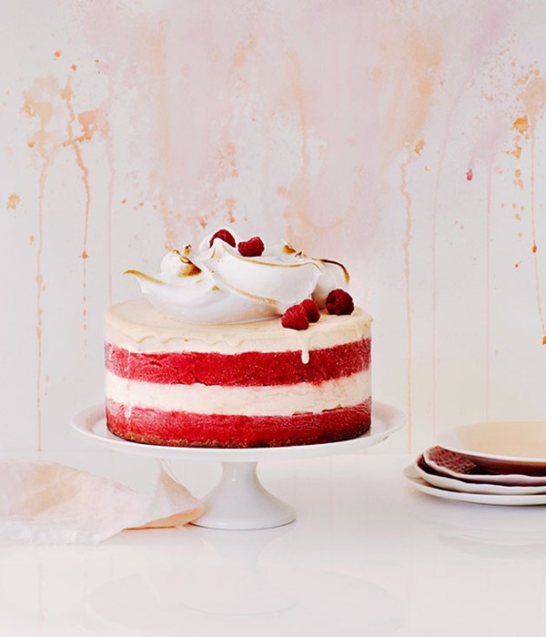 Peach frozen yoghurt and berry sorbet layer cake