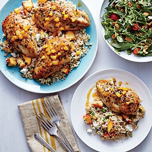 Peach-glazed chicken with peach-studded bulgur