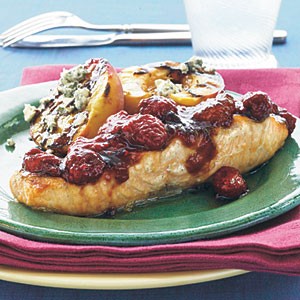 Peach-glazed salmon with raspberries