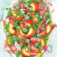 Peach, goats' cheese and prosciutto salad
