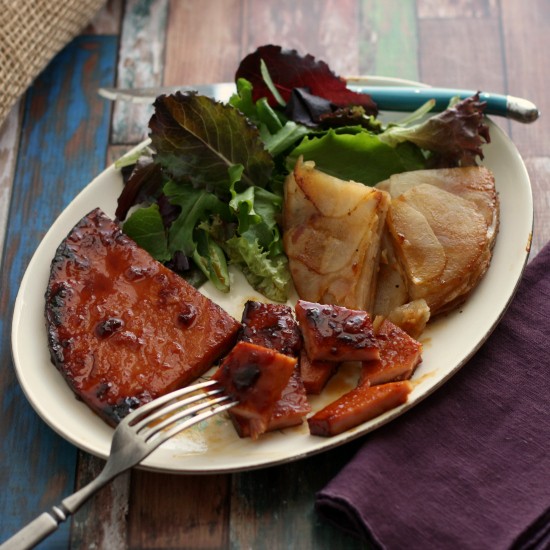 Peach, maple, and bourbon-glazed ham steaks