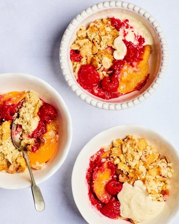 Peach Melba frangipane crumble