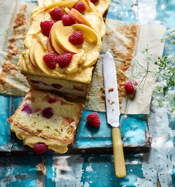 Peach Melba loaf cake
