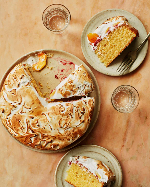 Peach Melba meringue cake