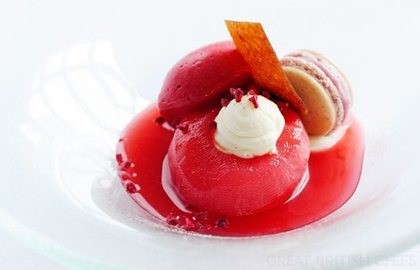 Peach Melba with vanilla mousse, raspberry macaroon and raspberry sorbet