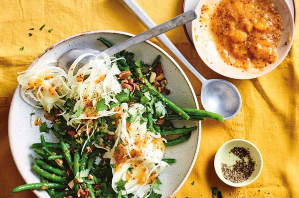 Peach mostarda with green bean and fennel salad