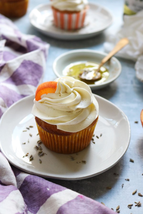 Peach olive oil cupcakes with lavender mascarpone frosting