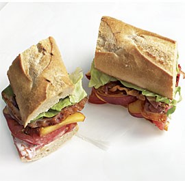 Peach, pancetta, lettuce, and tomato sandwiches