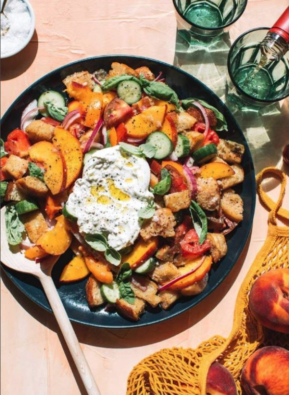 Peach panzanella with burrata