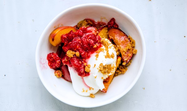 Peach parfait with salted graham cracker crumble