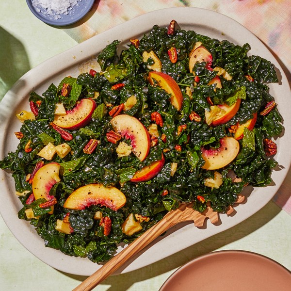 Peach-pecan kale salad with hot-honey vinaigrette 