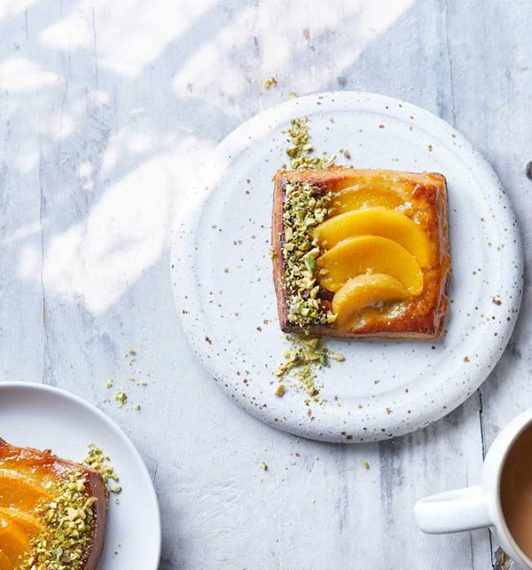 Peach, pistachio and honey Danish pastries
