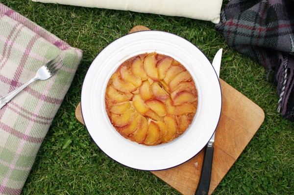 Peach polenta upside-down cake