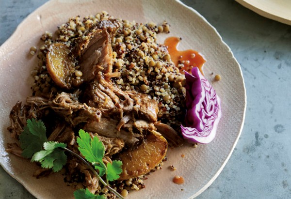 Peach pulled pork with dirty quinoa