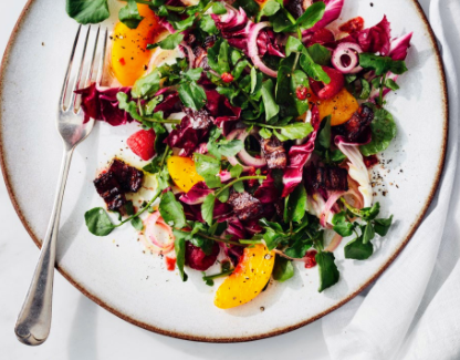 Peach, raspberry & watercress salad with five-spice bacon