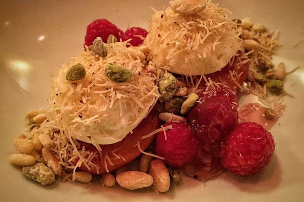 Peach-raspberry dolma with white chocolate and candied nuts