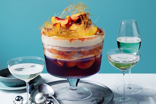 Peach, rosé jelly and custard trifle