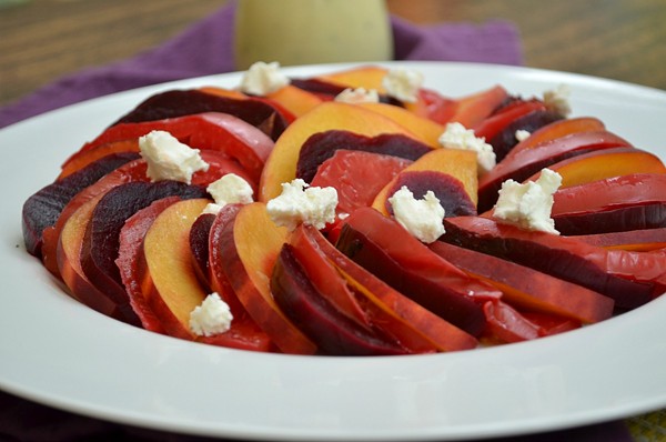 Peach, tomato, beet salad with goat cheese dressing