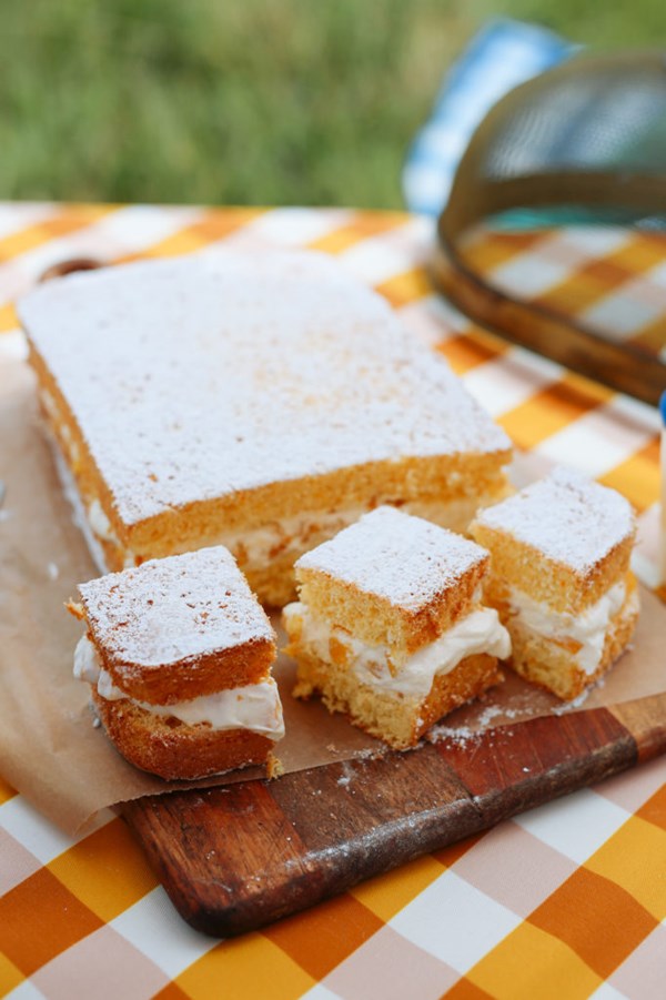 Peaches and cream custard sponge cake