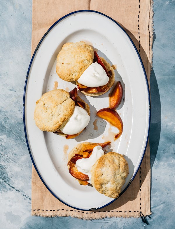 Peaches and cream shortcake with brown sugar and bourbon