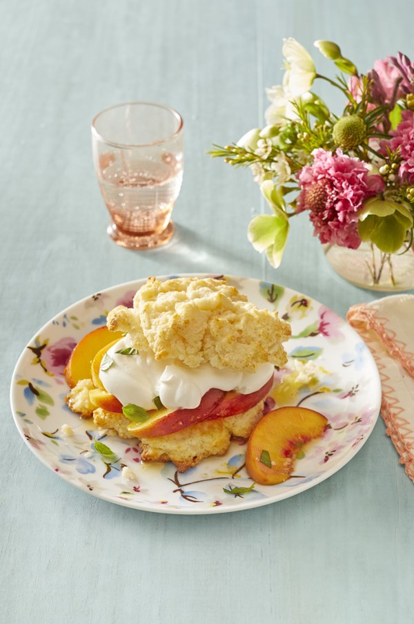 Peaches and cream shortcakes with basil