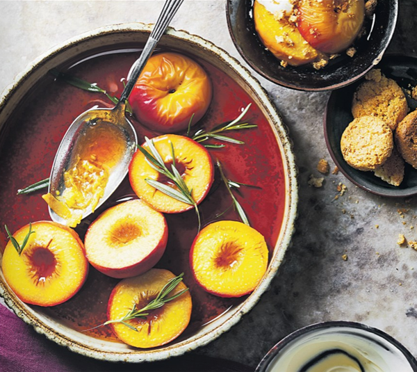 Peaches baked with Marsala & rosemary