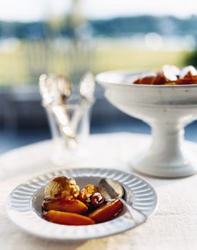 Peaches "Foster" with cane syrup pecan ice cream