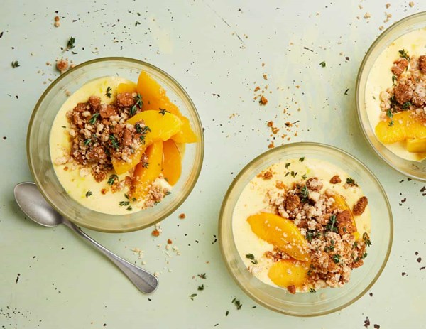 Peaches, ginger custard and Biscoff crumble