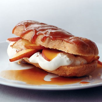 Peaches 'n' cream éclairs with bourbon caramel sauce