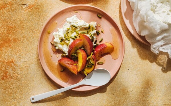 Peaches with cinnamon, orange-flower water and labneh