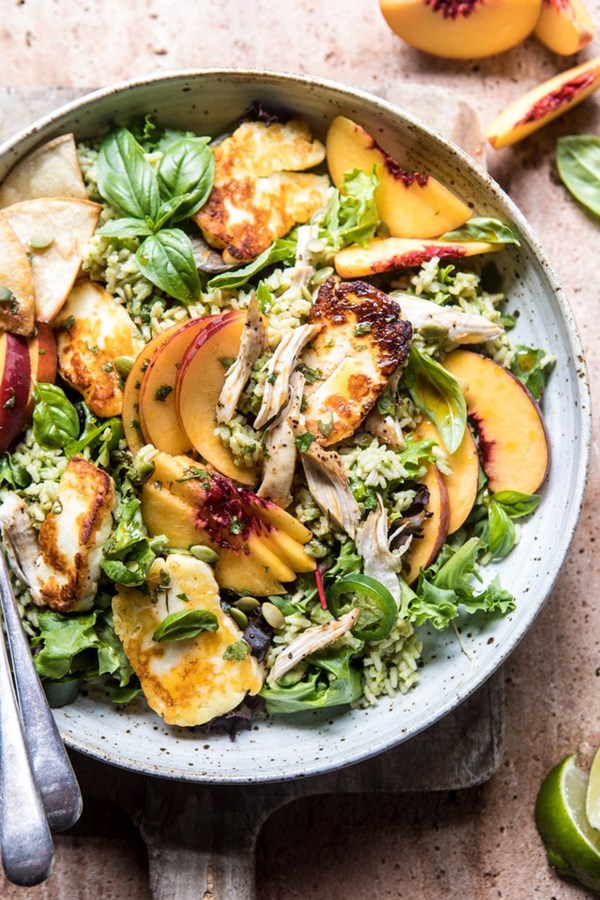 Peachy chipotle chicken tortilla and avocado rice salad with pan fried halloumi
