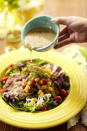 Peachy grilled chicken salad with pecan vinaigrette