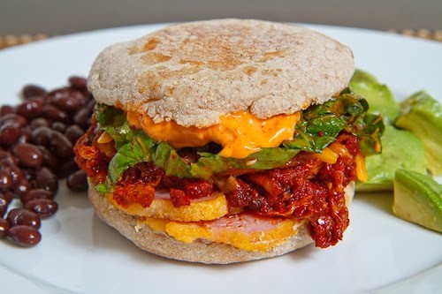 Peameal bacon and kimchi breakfast muffin