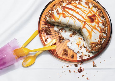 Peanut brittle and caramel crunch ice cream pie