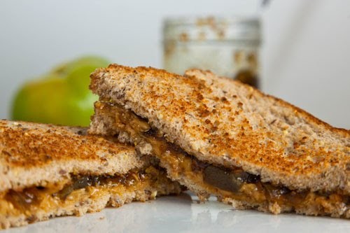 Peanut butter and green tomato and jalapeno jam sandwich