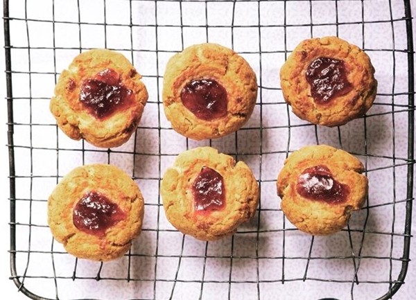 Peanut butter and jam thumbprint cookies