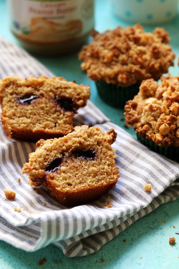 Peanut butter and jelly muffins with peanut streusel