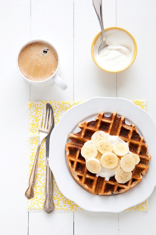 Peanut butter chocolate waffles with bananas and honeyed yogurt