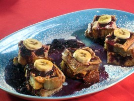 Peanut butter French toast waffles with mixed berry sauce