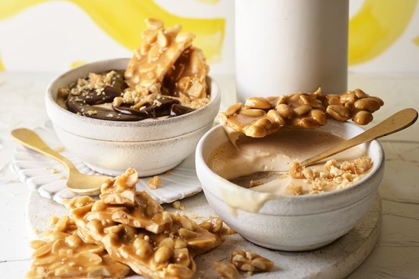 Peanut butter mousse with chocolate butterscotch and peanut brittle