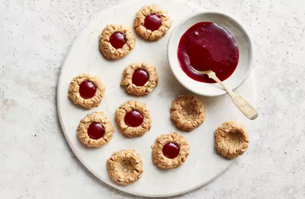 Peanut-butter-oat drop cookies with jam