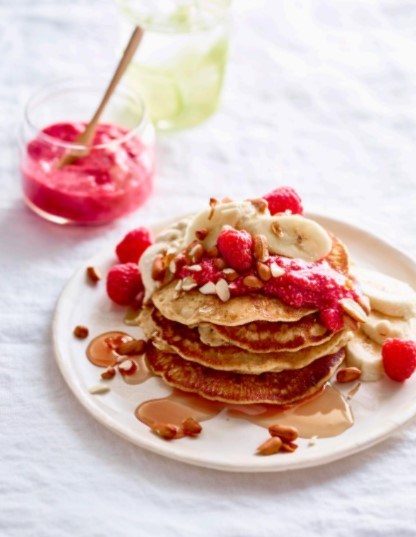 Peanut butter pancakes with raspberry chia jam & coconut cream