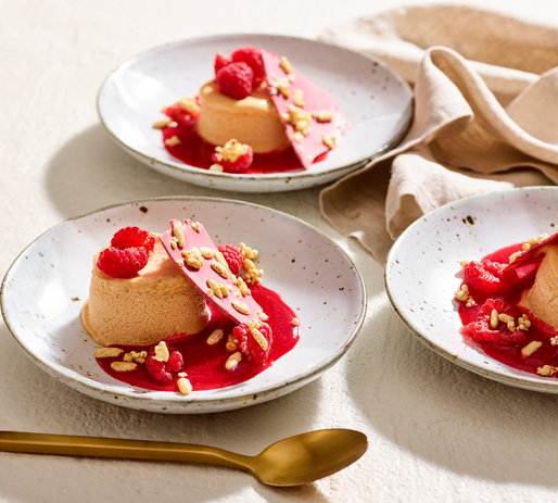 Peanut butter parfait with raspberry and honeyed rice pops
