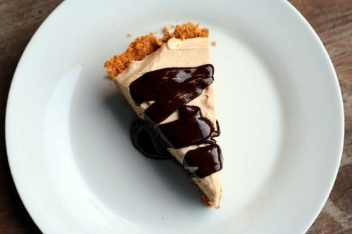 Peanut butter pie with bittersweet chocolate sauce