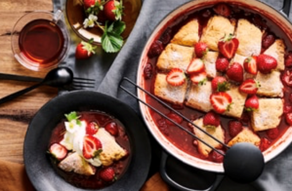 Peanut butter scone and strawberry jam self-saucing pudding