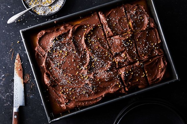 Peanut butter sheet cake with chocolate-cream cheese frosting