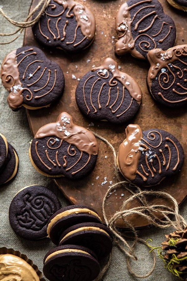 Peanut butter stuffed chocolate jack-o’-lantern cookies