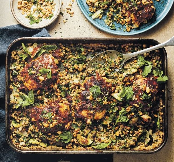 Peanut harissa chicken with herbed lemon, courgette & giant couscous