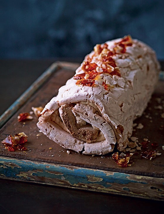 Peanut meringue roulade
