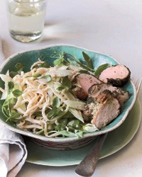 Peanut noodle salad with cucumber and roast pork